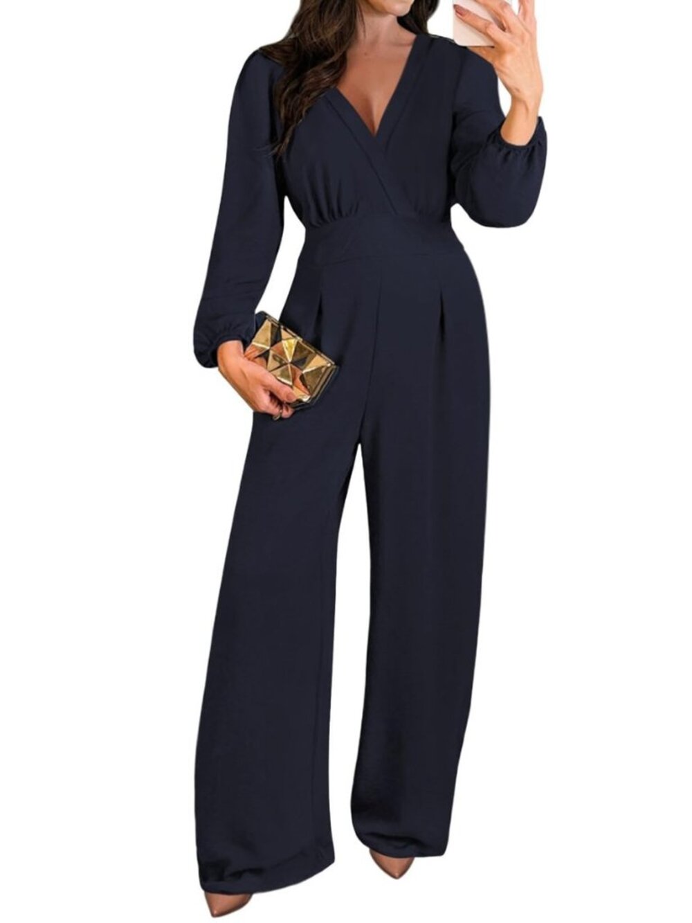 Dressy Jumpsuits For Women Long Sleeve V Neck Wide-Leg Romper